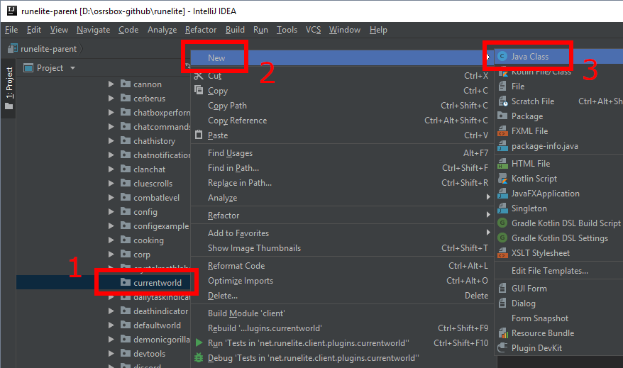 Visual example of how to add a plugin class in IntelliJ IDE